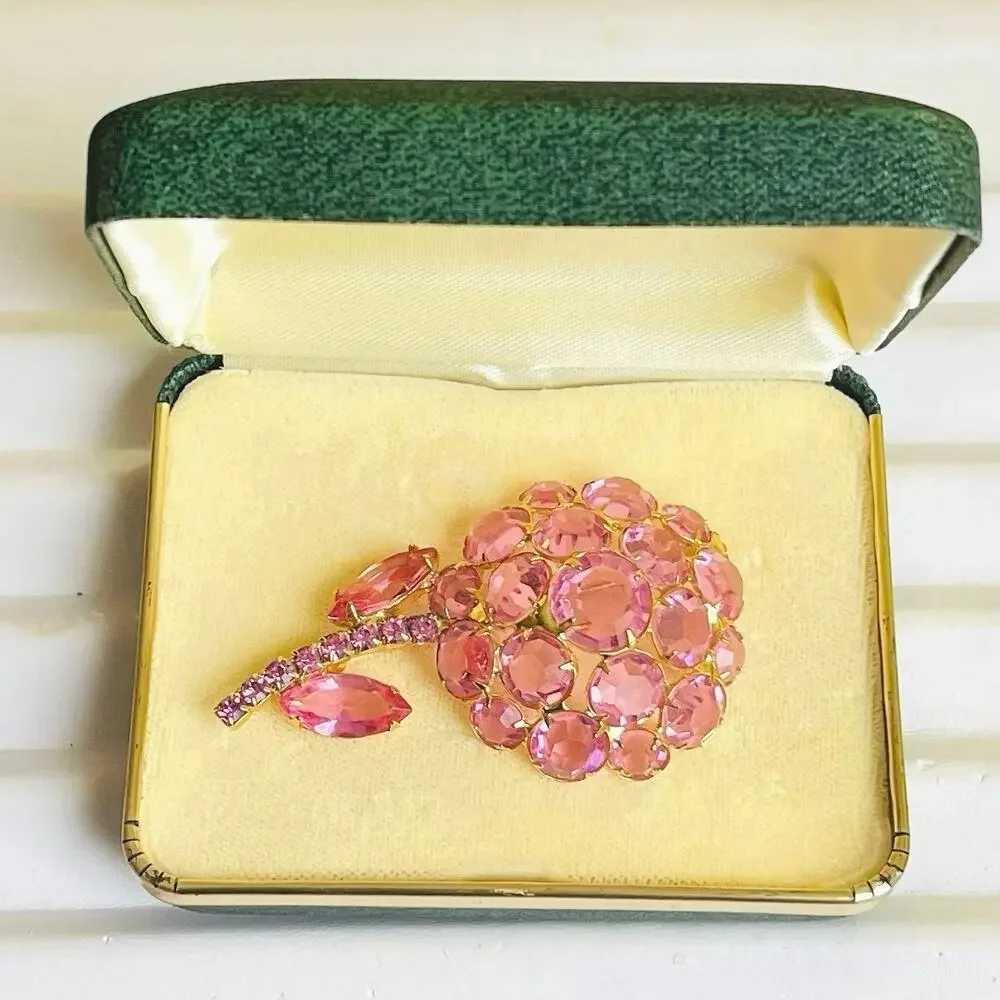 Vtg 60s Juliana DeLizza Elster Pink Rhinestone Flower Brooch Pin Original Box